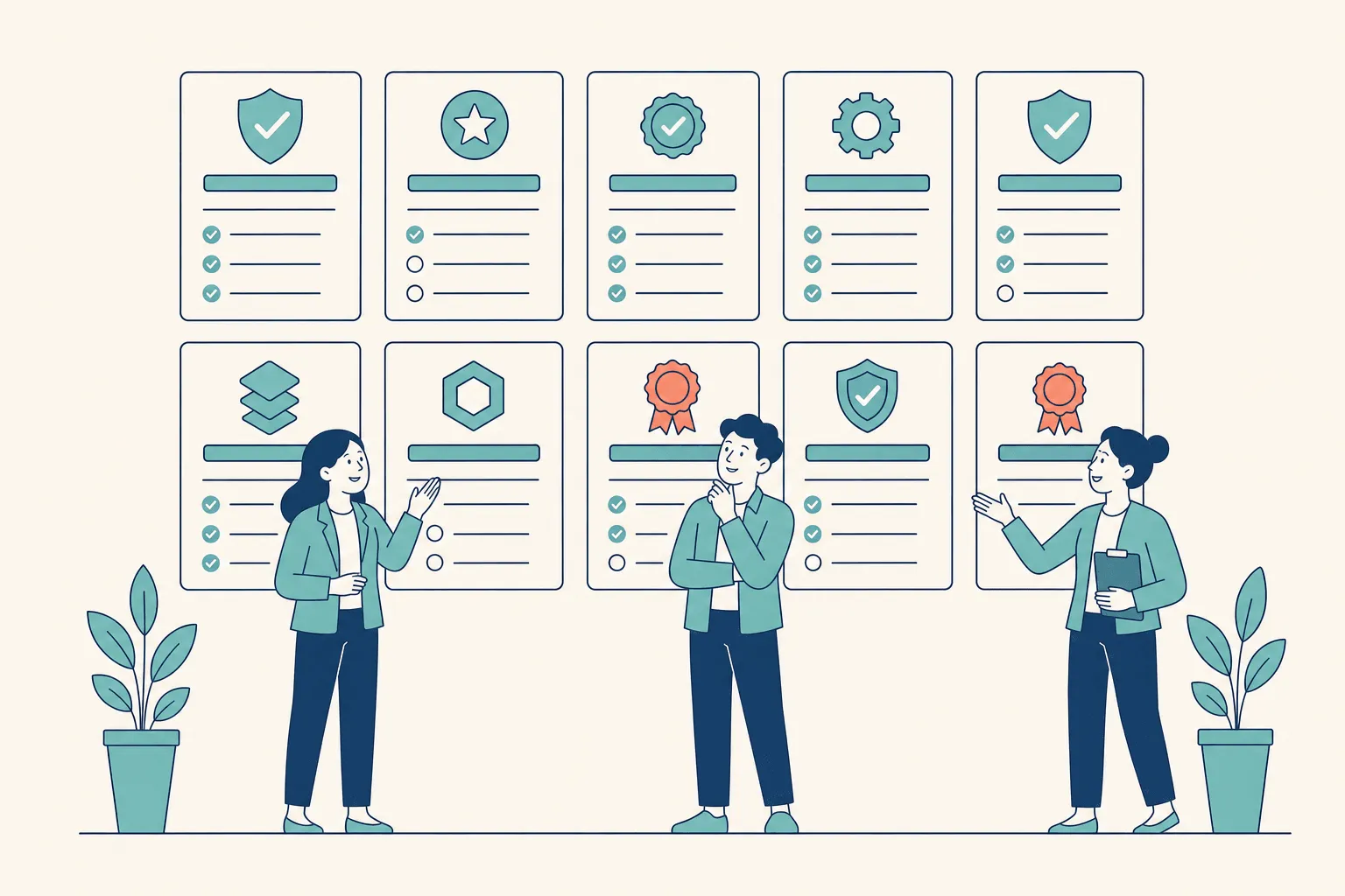 Three colleagues comparing credential verification platforms against a wall of ten vendor cards, each card showing a trust icon such as a shield or an award seal above a checklist of features