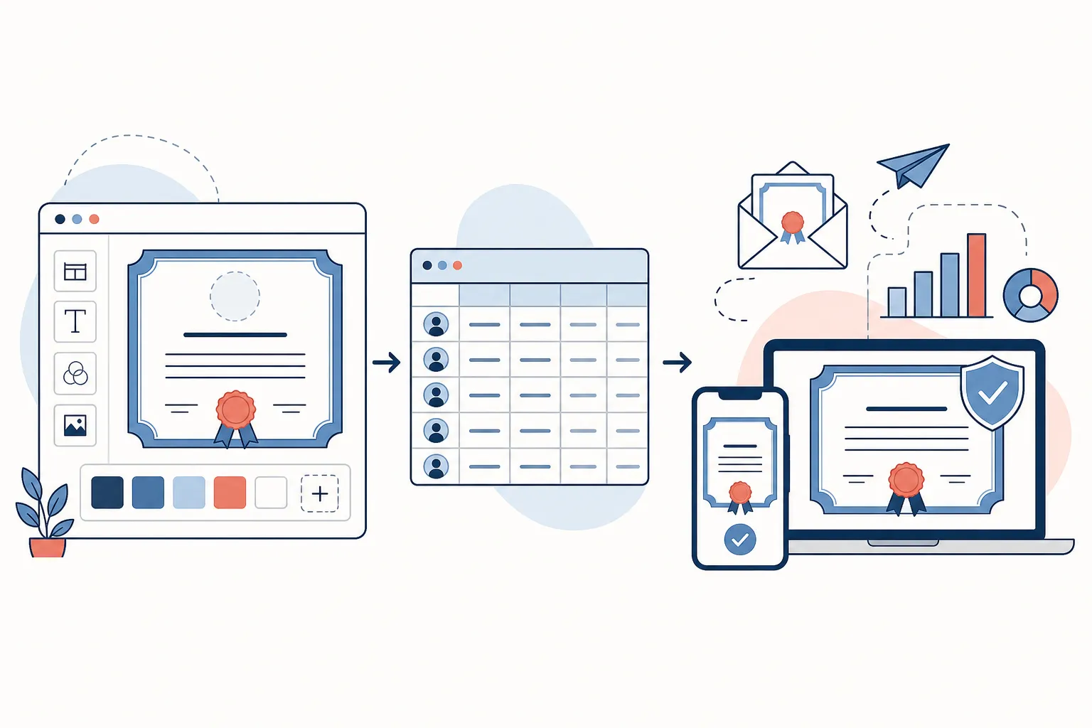 A workflow moving from certificate customization through recipient data to verified delivery and analytics