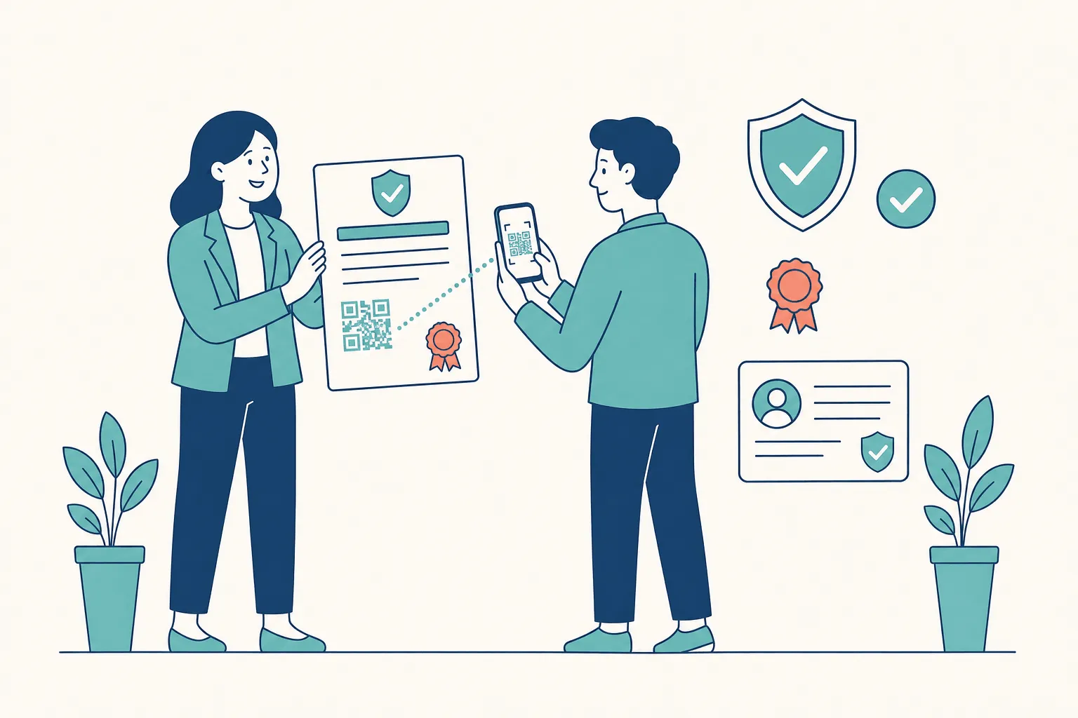 A woman holding up a printed certificate carrying a QR code and an award seal while a colleague scans it with a phone, beside a verified shield, a checkmark, an award rosette and a credential card
