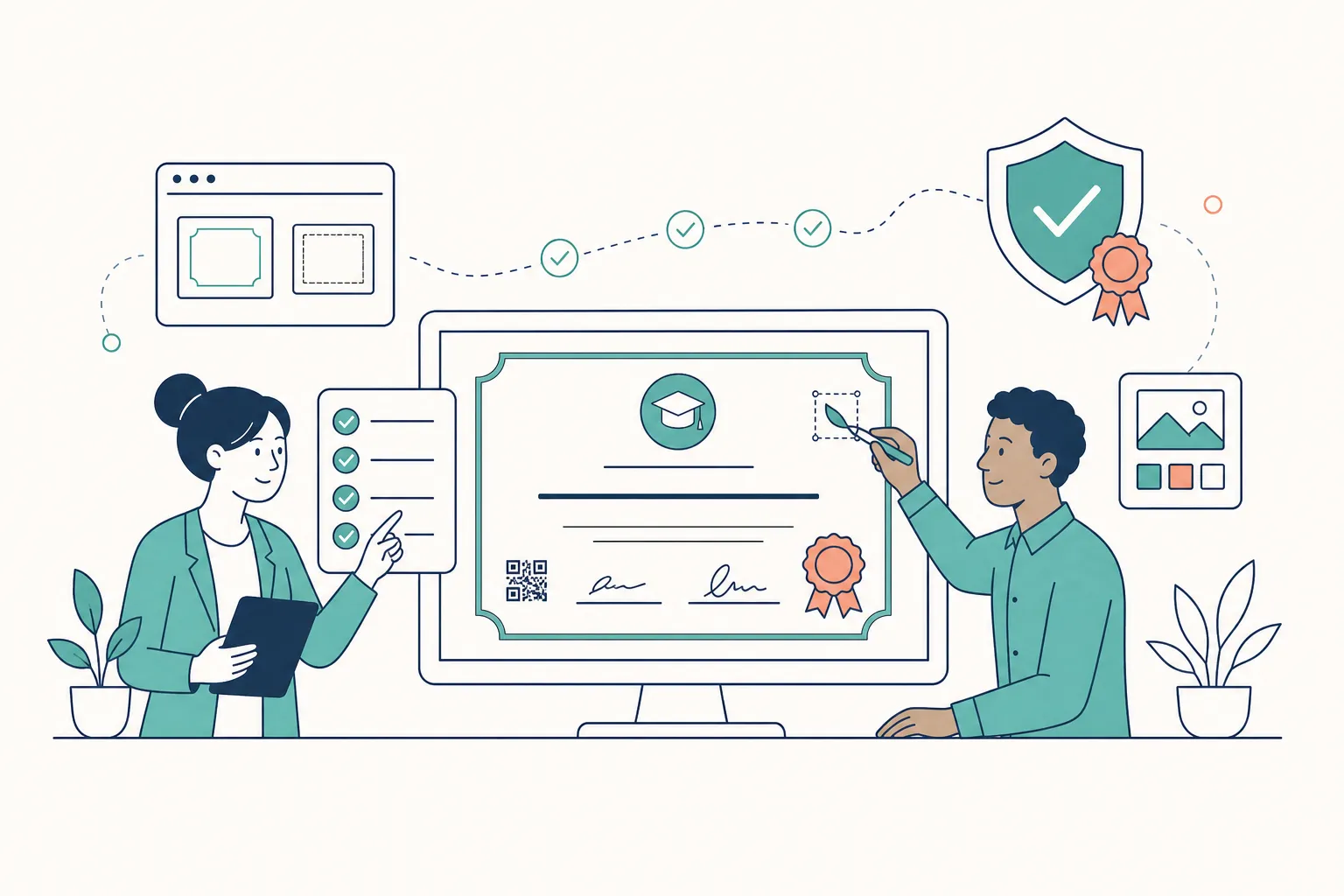 Two colleagues reviewing a certificate of completion on a monitor with checkmarks, QR code, ribbon, and shield icons in teal and navy