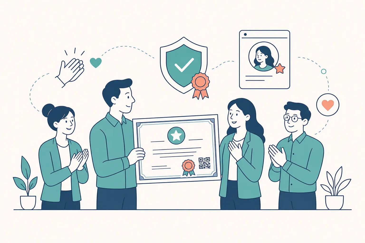 Manager presenting a framed certificate of recognition to an employee while colleagues applaud, with star employee icon in teal and navy