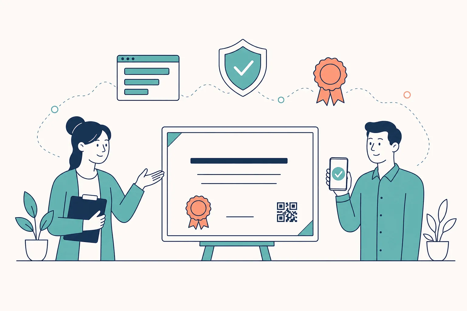 A designer presenting a certificate on an easel with a seal and QR code, beside a hierarchy card and a verified shield, while a colleague checks the credential on a phone