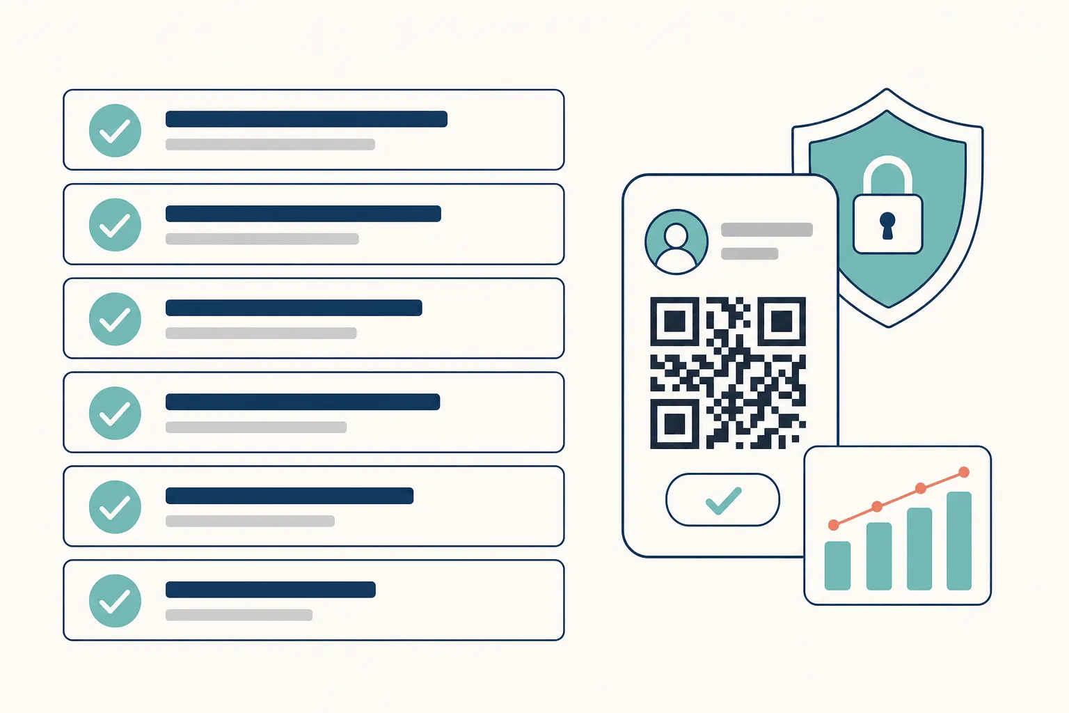 Six checkmark rows in a vertical stack beside a phone showing a credential card with a QR code and a verified badge, a shield holding a padlock, and a small card with a rising bar chart