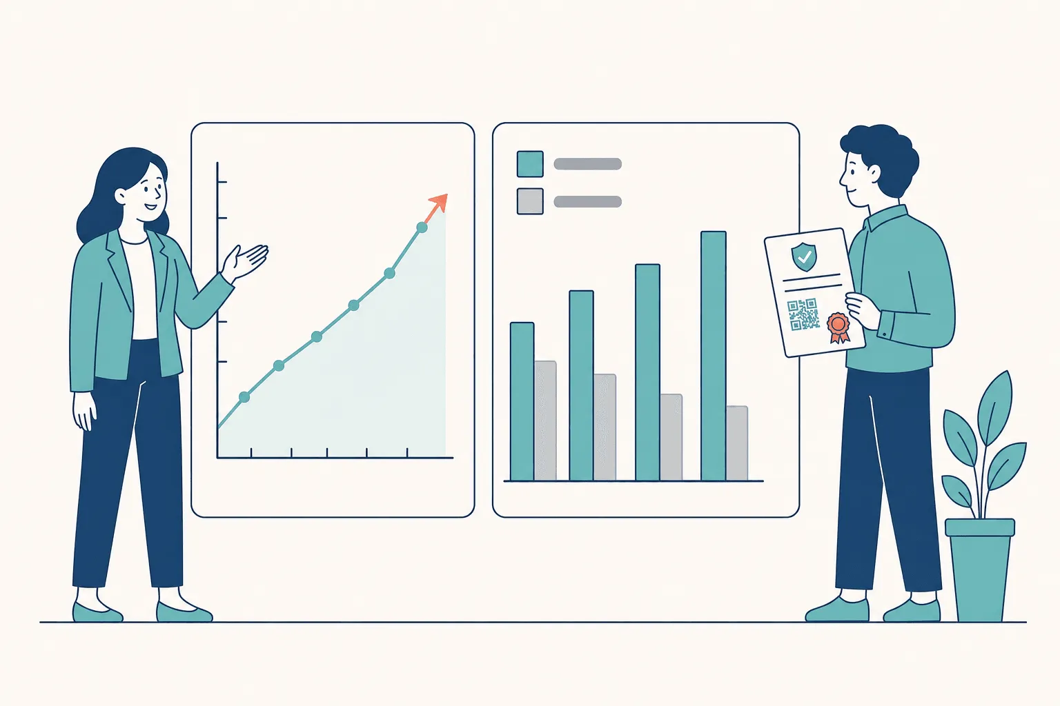 A woman gesturing at a card holding a steadily rising line chart, beside a second card of four grouped bar pairs in which the teal bars grow taller as the grey bars beside them shrink, with a man holding a certificate that carries a QR code and an award seal