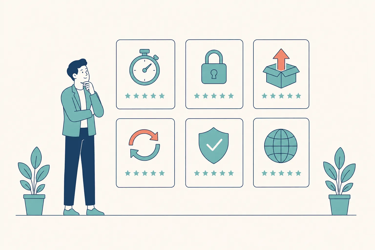 A buyer studying a board of six evaluation criteria cards — a stopwatch for speed, a padlock for security, an arrow leaving a box for portability, a circular arrow for revocation, a verified shield, and a globe — each with its own star rating
