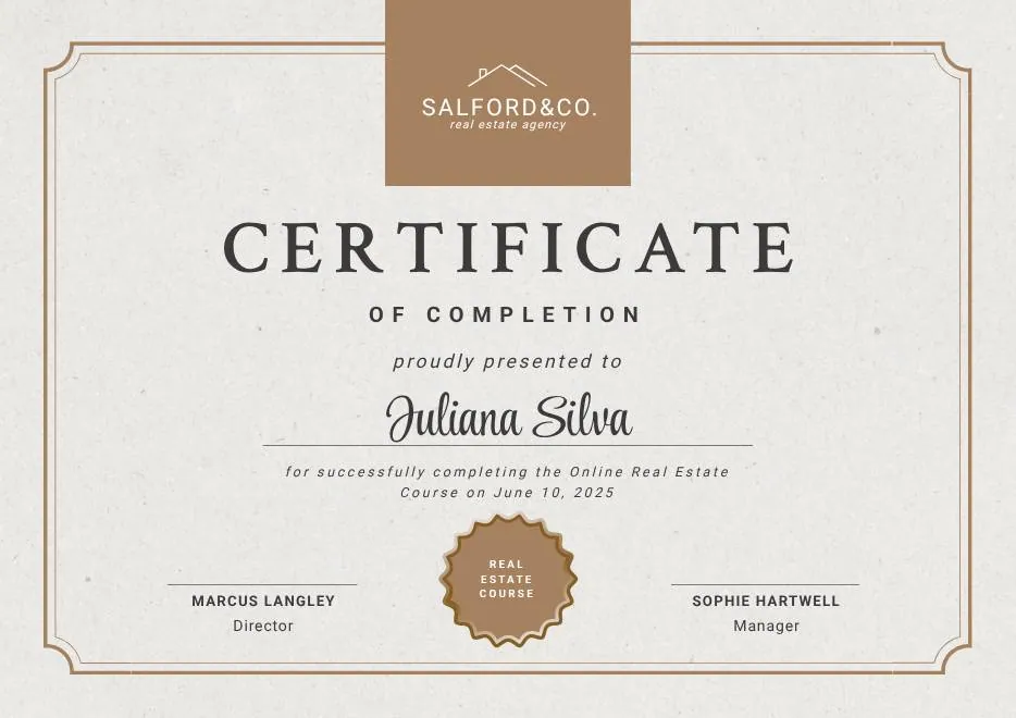 Beige Brown Aesthetic Real Estate Course Completion Certificate