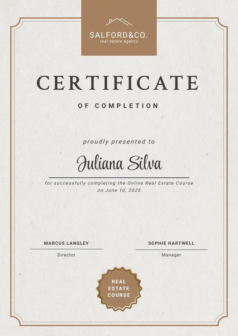 Beige Brown Aesthetic Real Estate Course Completion Certificate — portrait preview