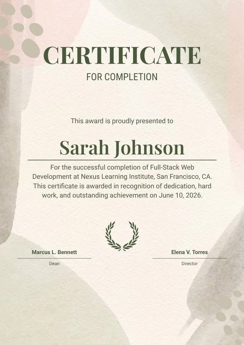 Beige Organic Completion Certificate — portrait preview