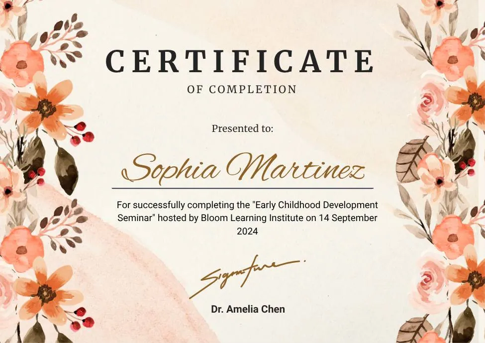 Beige Watercolor Floral Certificate of Completion