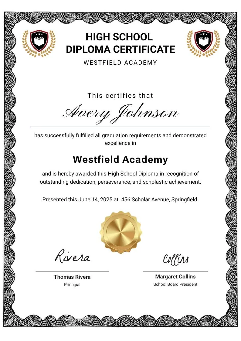 Black and White Modern High School Diploma Certificate — portrait preview