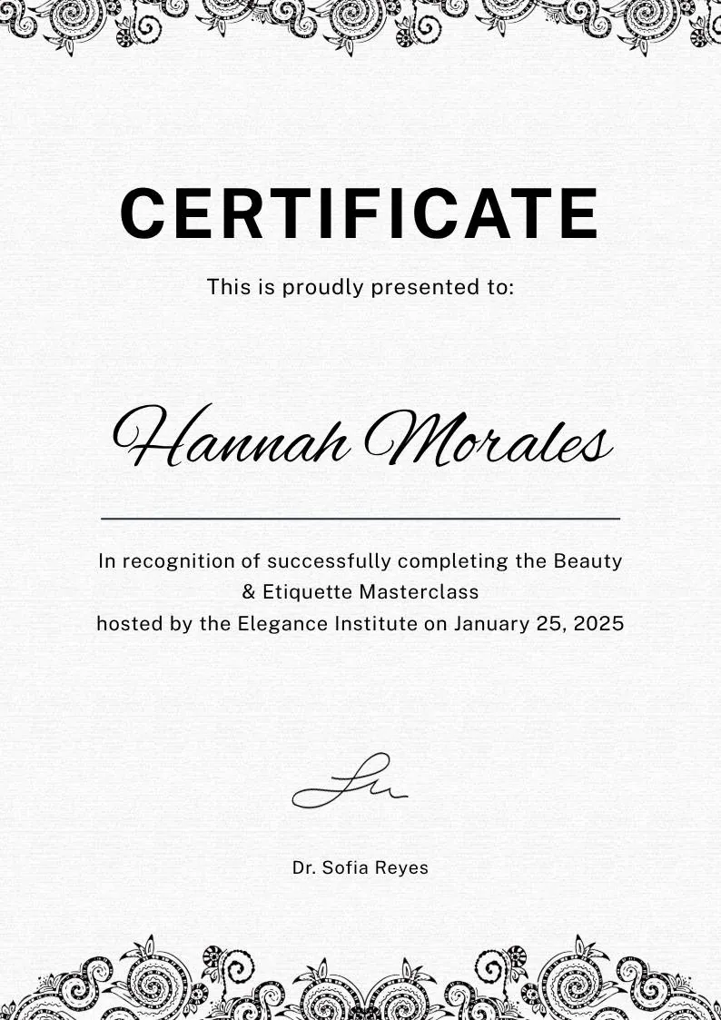Black White Elegant Certificate Template — portrait preview
