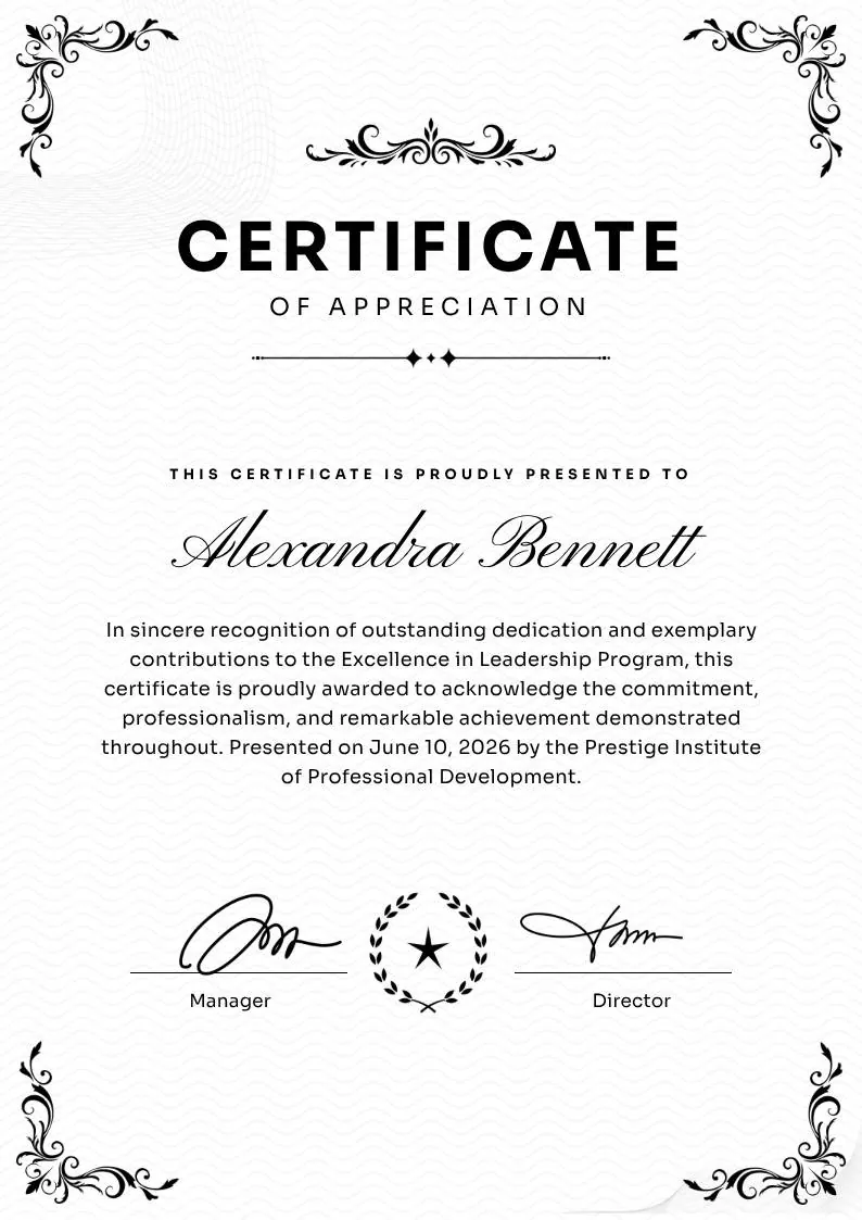 Black and White Traditional Appreciation Certificate A4 — portrait preview