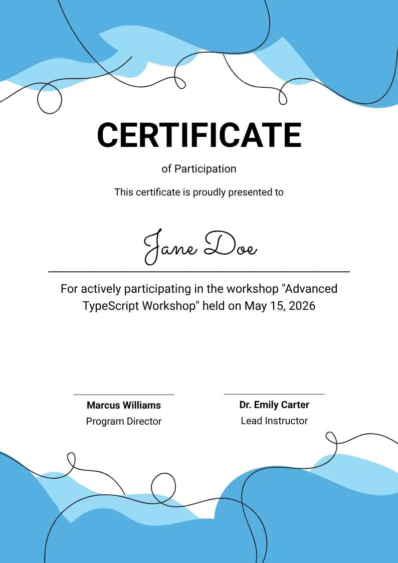 Blue Abstract Waves Participation Certificate — portrait preview