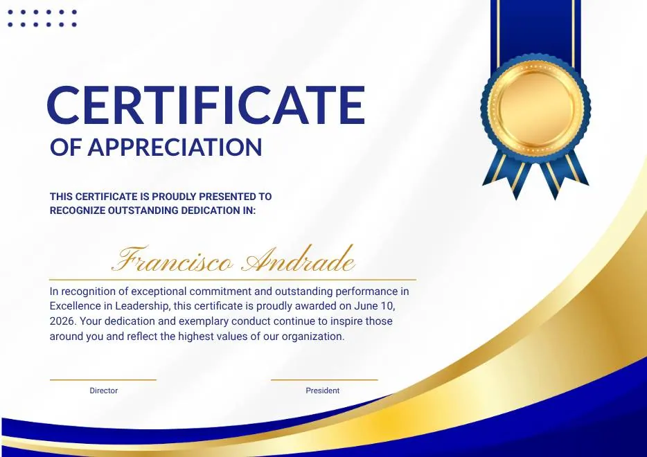 Blue and Gold Modern Certificate of Appreciation