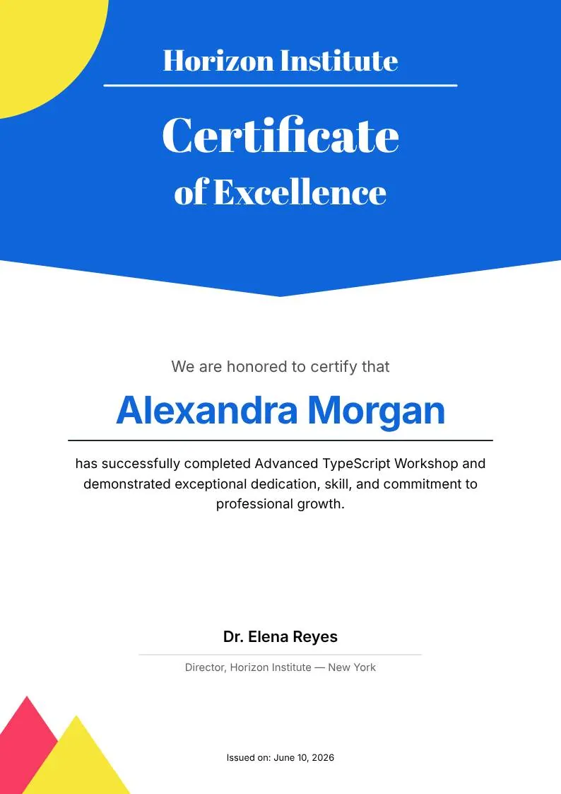 Blue and Yellow Modern Certificate of Excellence — portrait preview
