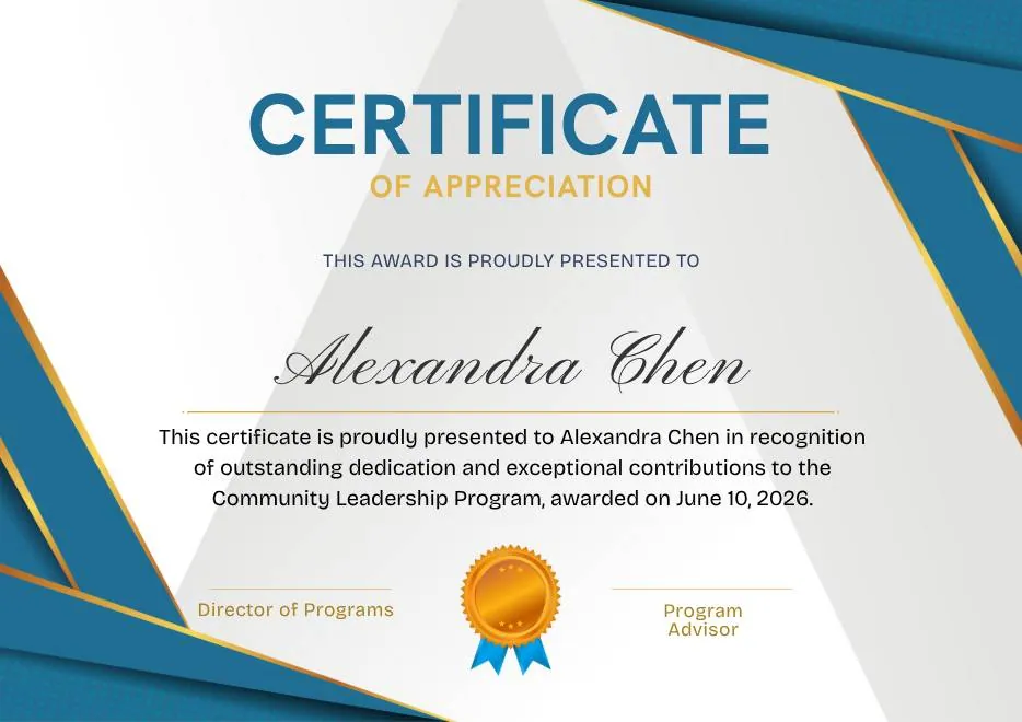 Blue and Gold Appreciation Certificate