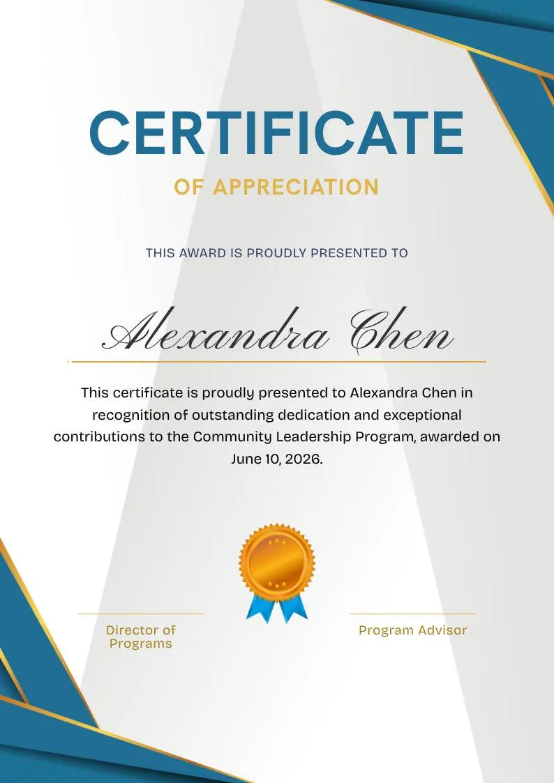 Blue and Gold Appreciation Certificate — portrait preview