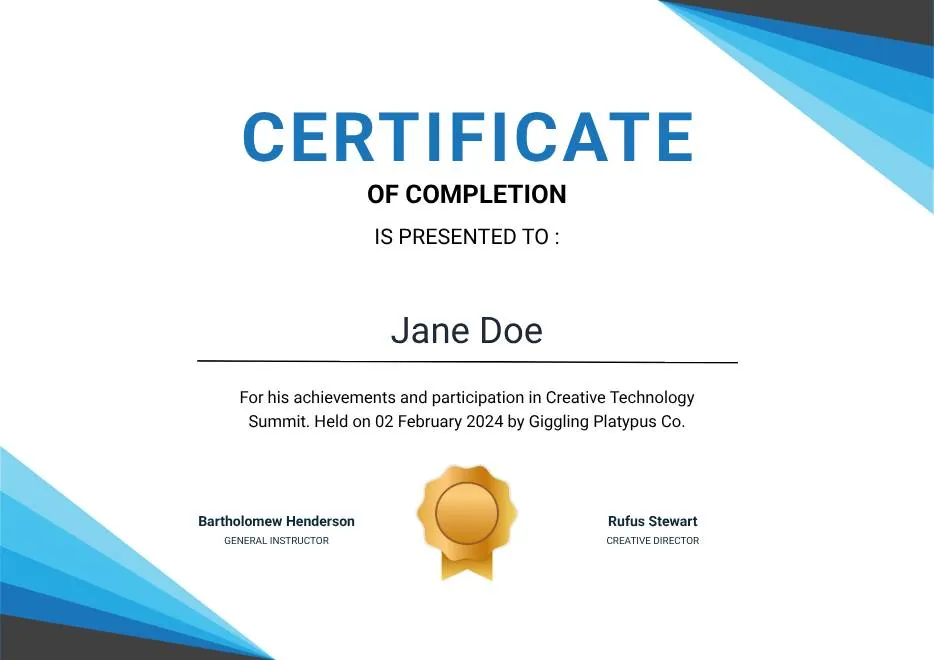 Blue Modern Event Completion Certificate