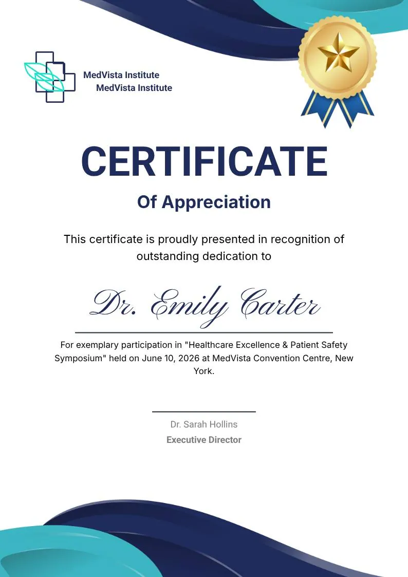 Blue Navy and Tosca Elegant Modern Medical Appreciation Certificate — portrait preview