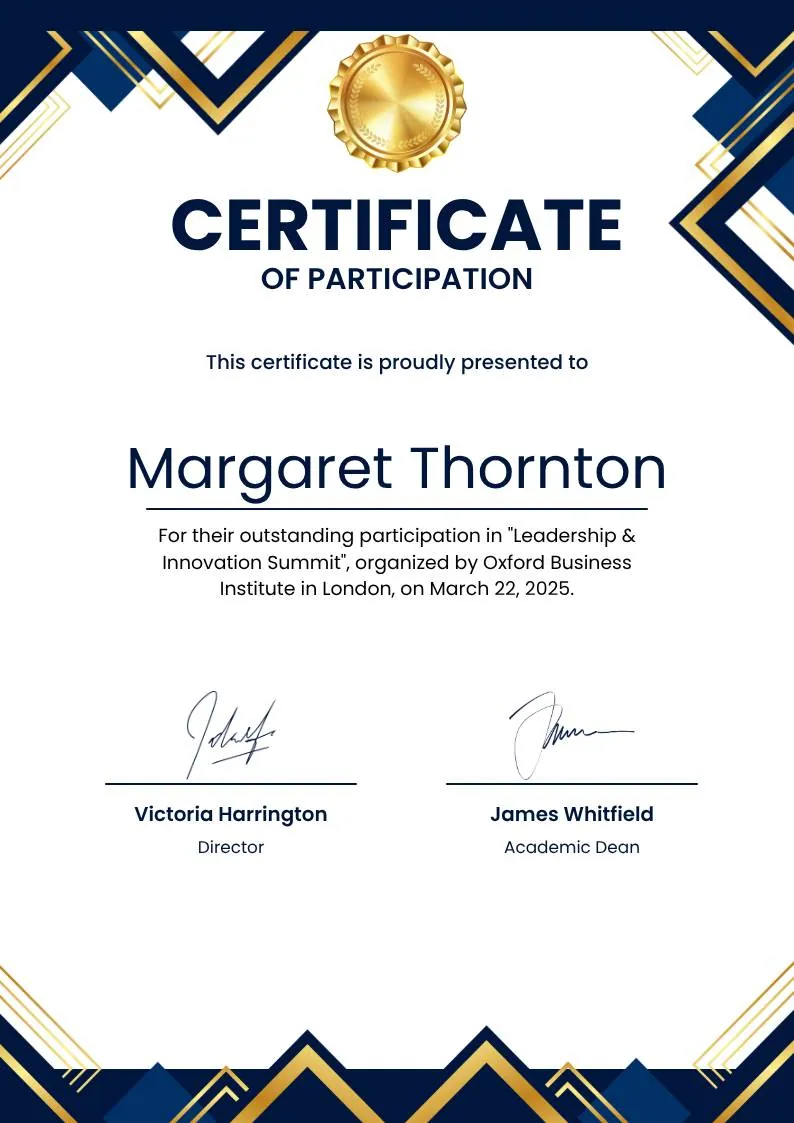 Blue White Gold Modern Participation Certificate — portrait preview