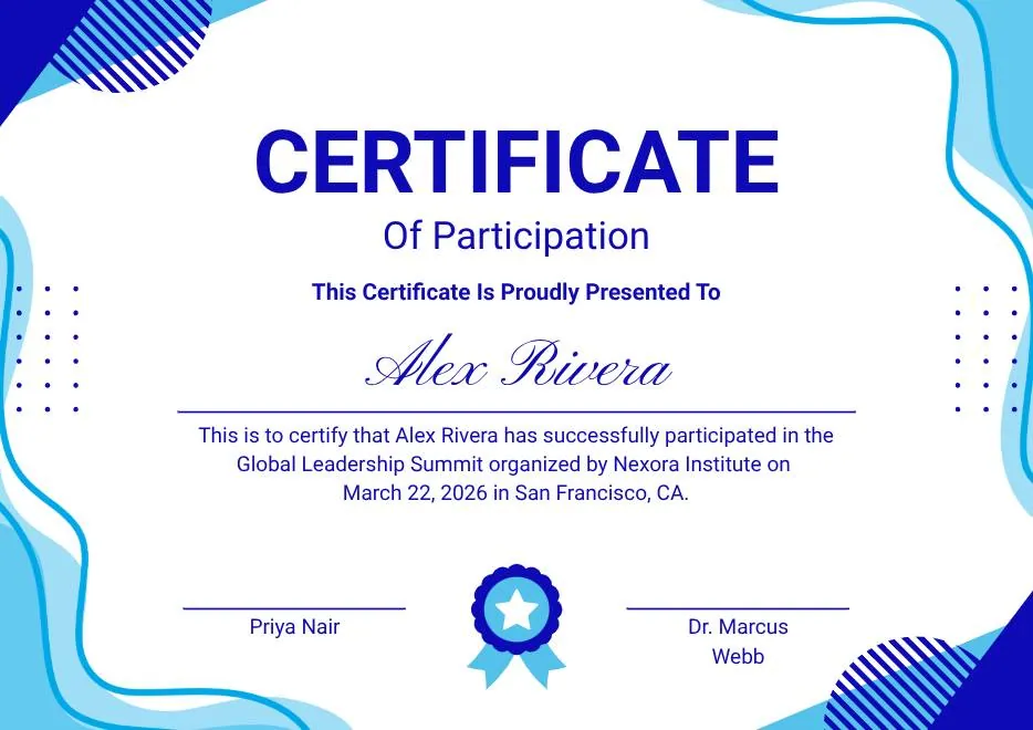 Blue and White Modern Participation Certificate
