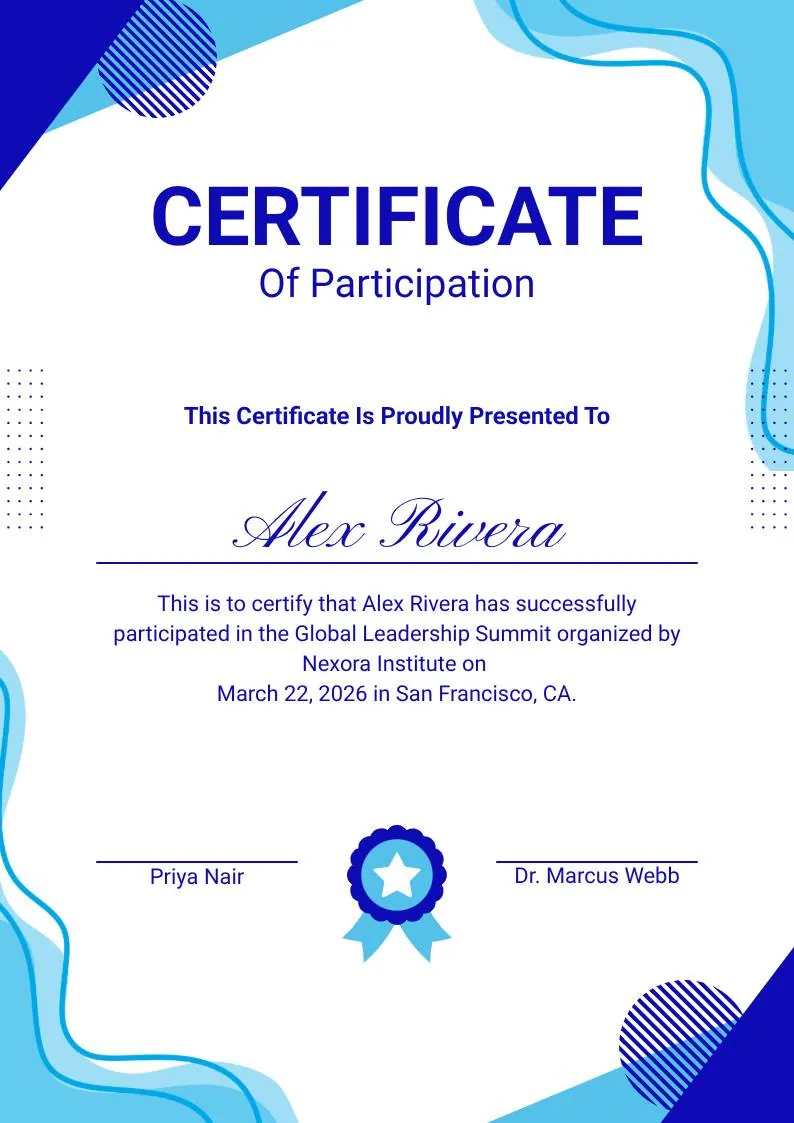 Blue and White Modern Participation Certificate — portrait preview