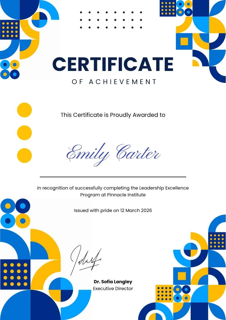 Blue and Yellow Geometric Achievement Certificate — portrait preview