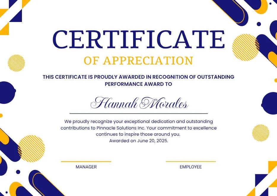 Blue Yellow and White Modern Appreciation Certificate