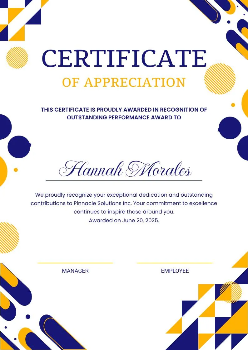 Blue Yellow and White Modern Appreciation Certificate — portrait preview