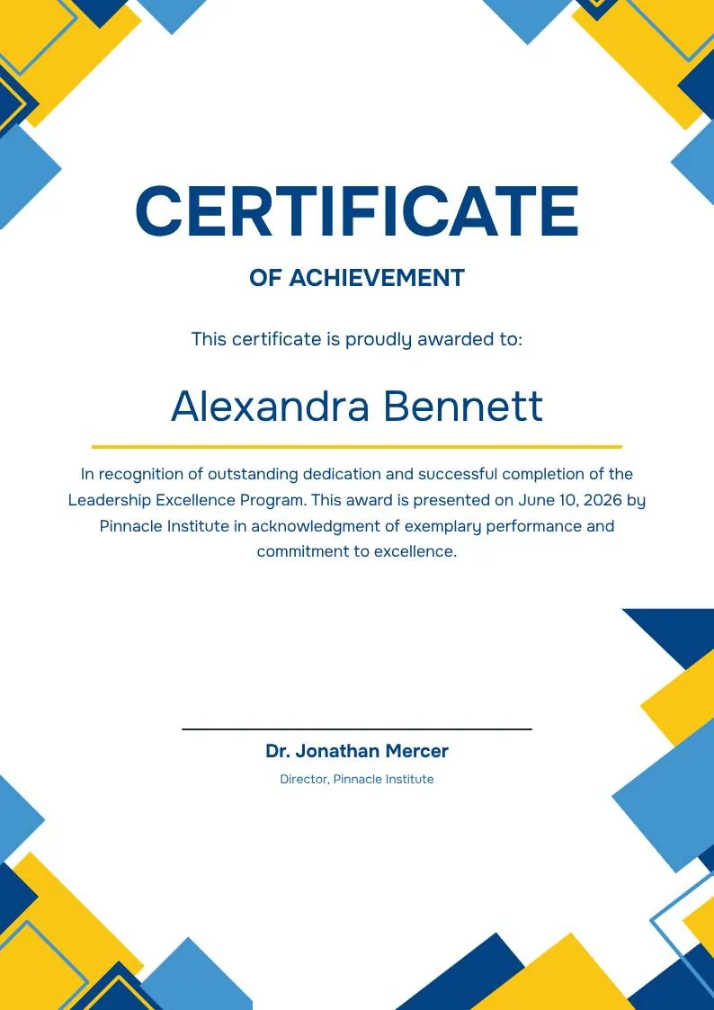 Blue Yellow Modern Geometric Certificate of Achievement — portrait preview