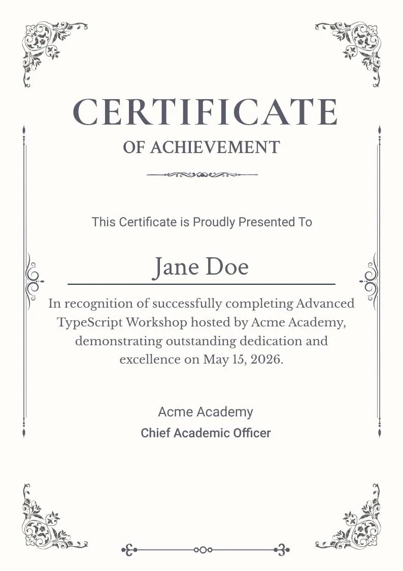 Classic Floral Border Certificate of Achievement — portrait preview
