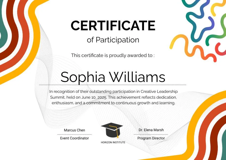 Colorful Abstract Waves Modern Participation Certificate