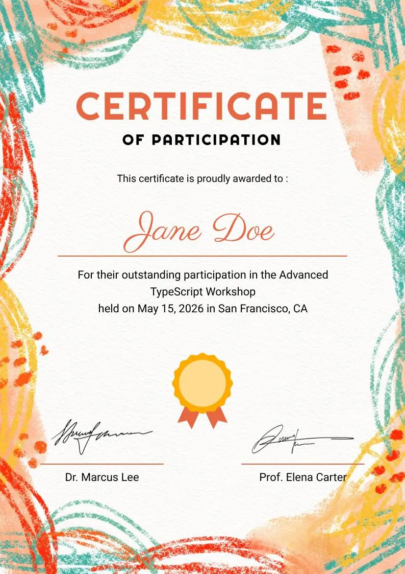 Colorful Brushstroke Art Certificate of Participation — portrait preview