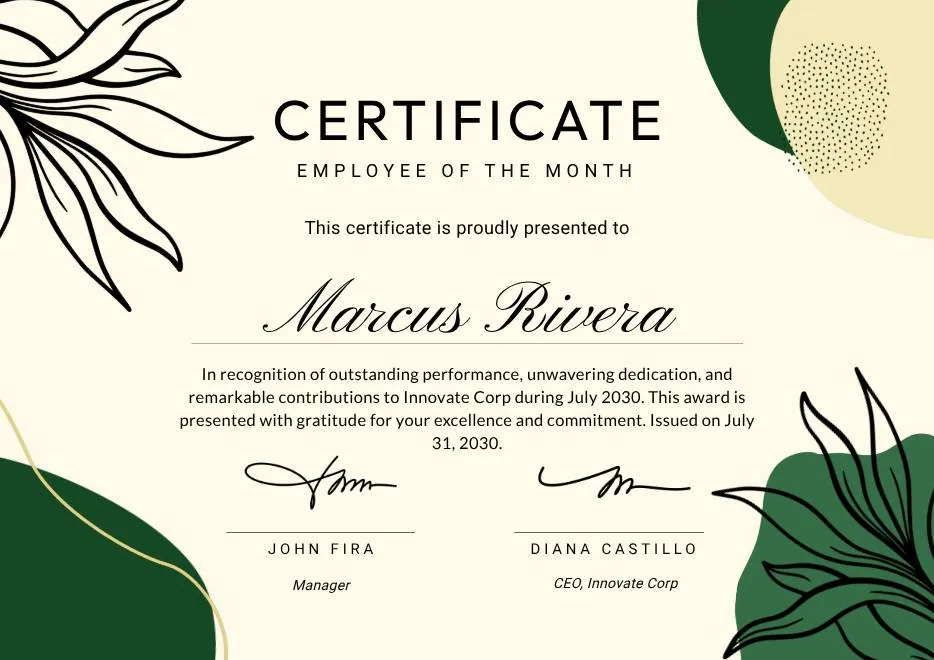 Green and Beige Botanical Employee of the Month Certificate