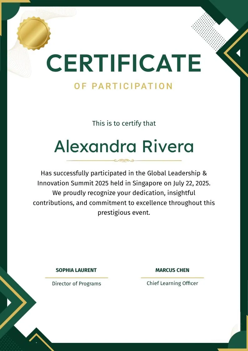 Green and Gold Geometric Modern Certificate of Participation — portrait preview