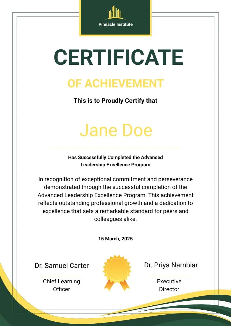 Green and Gold Modern Leadership Achievement Certificate — portrait preview