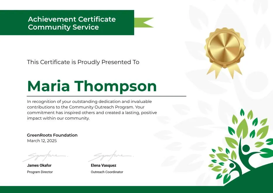 Green Clean Achievement Community Service Certificate