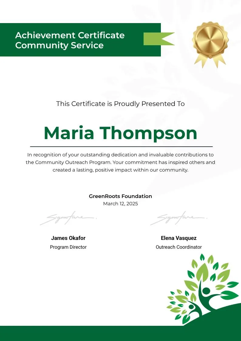 Green Clean Achievement Community Service Certificate — portrait preview