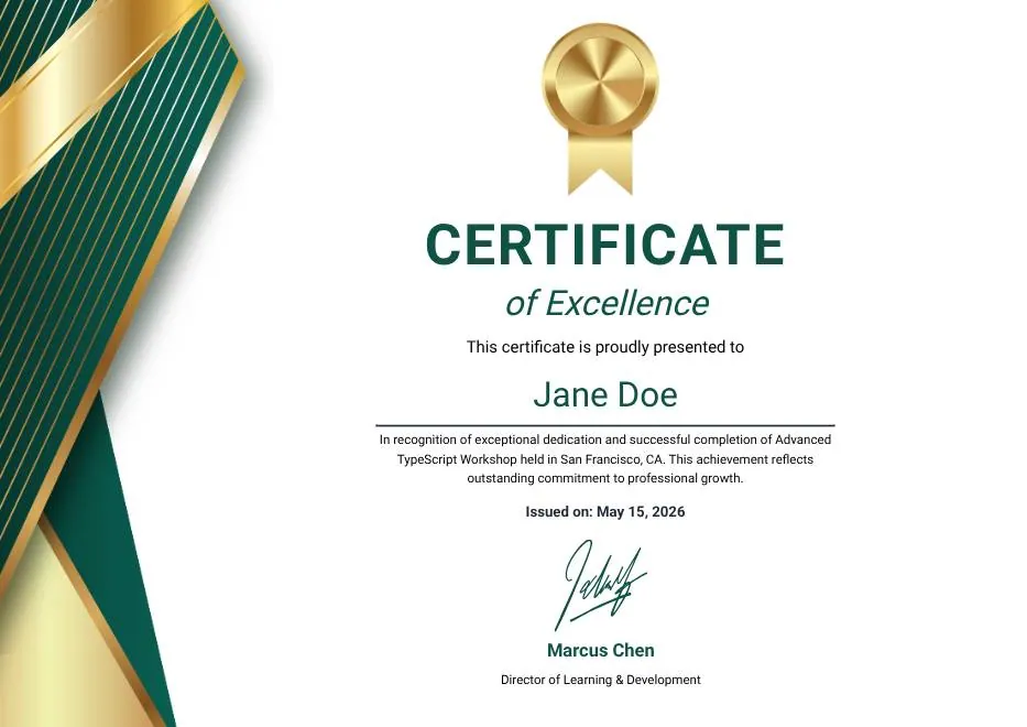 Green Gold and White Modern Excellence Certificate