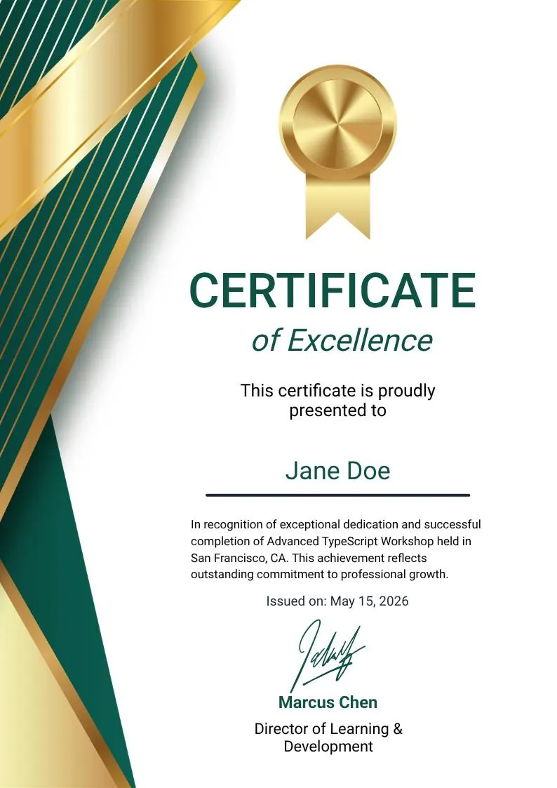 Green Gold and White Modern Excellence Certificate — portrait preview
