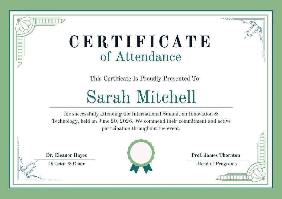 Green White Classic Minimalist Attendance Certificate