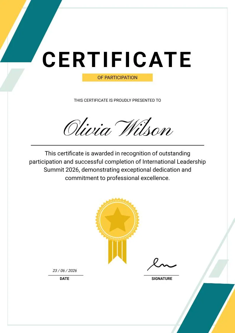 Green & Yellow Minimalist Certificate of Participation — portrait preview