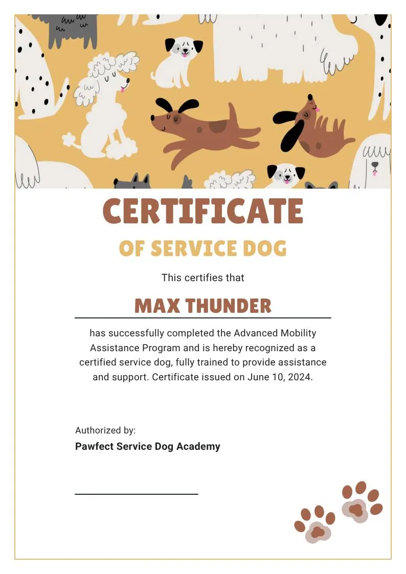 Tan White and Black Illustrated Service Dog Certificate — portrait preview
