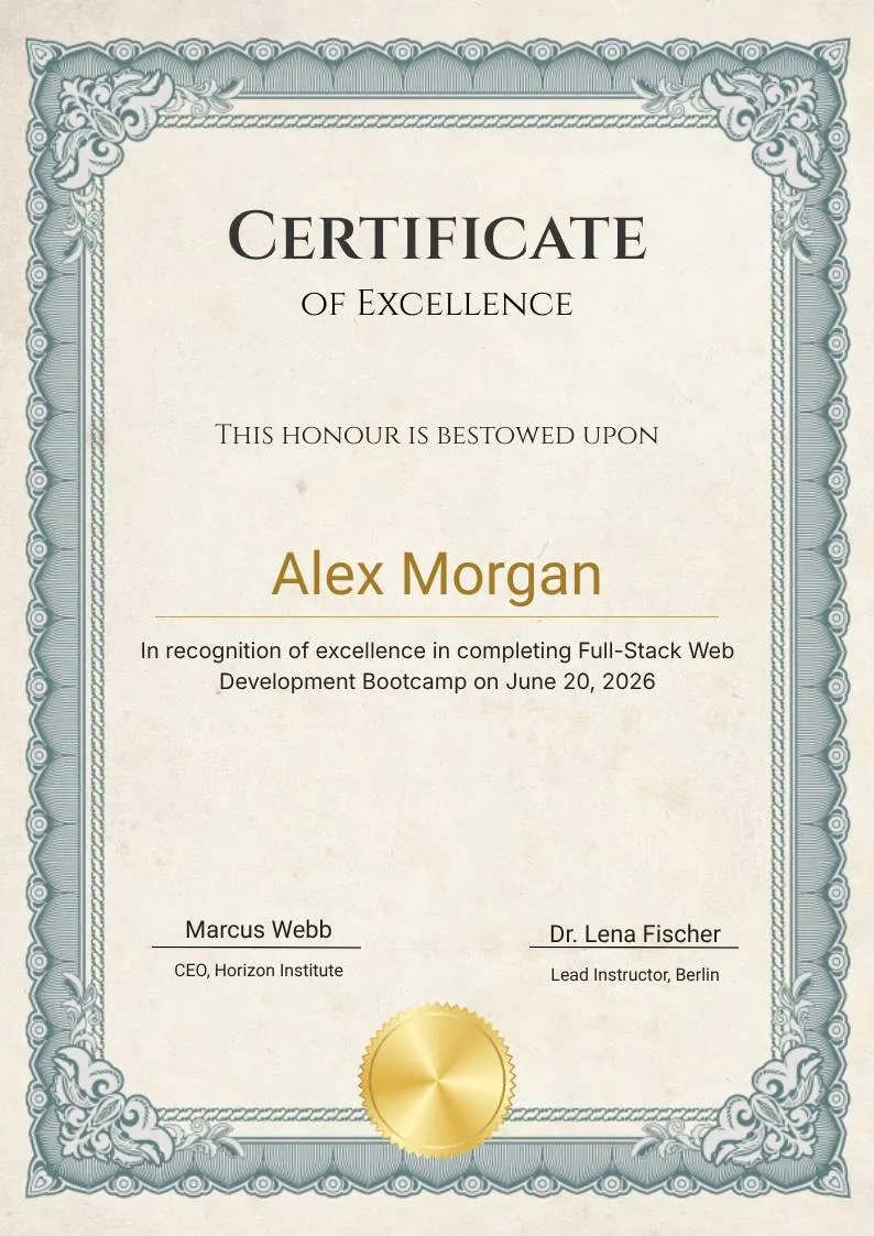 Ivory Victorian Vintage Certificate of Excellence — portrait preview