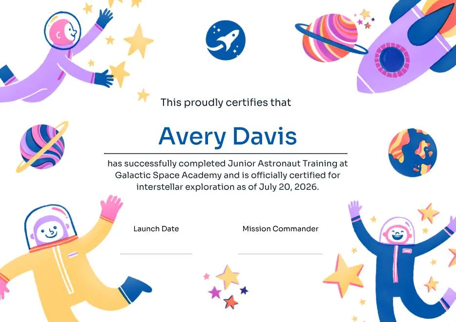Junior Astronaut Training Certificate in Colorful Playful Style