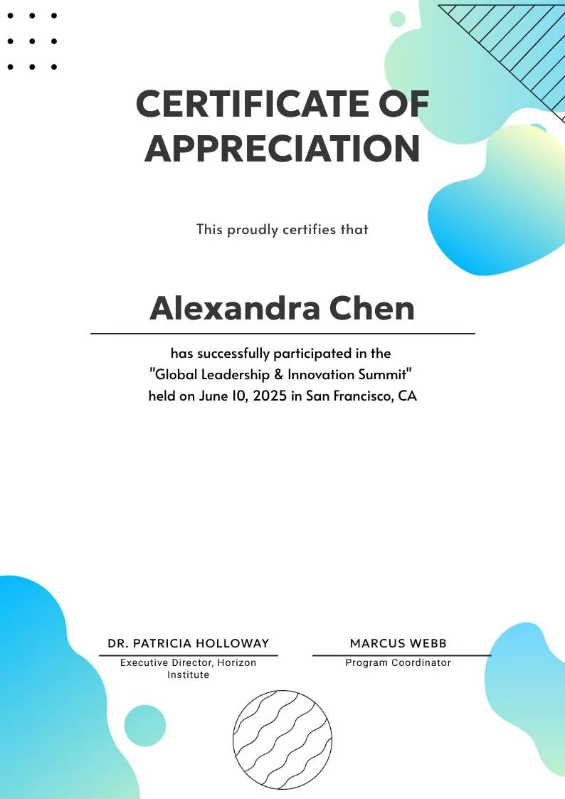 Certificate of Appreciation — Summit & Event Participation — portrait preview