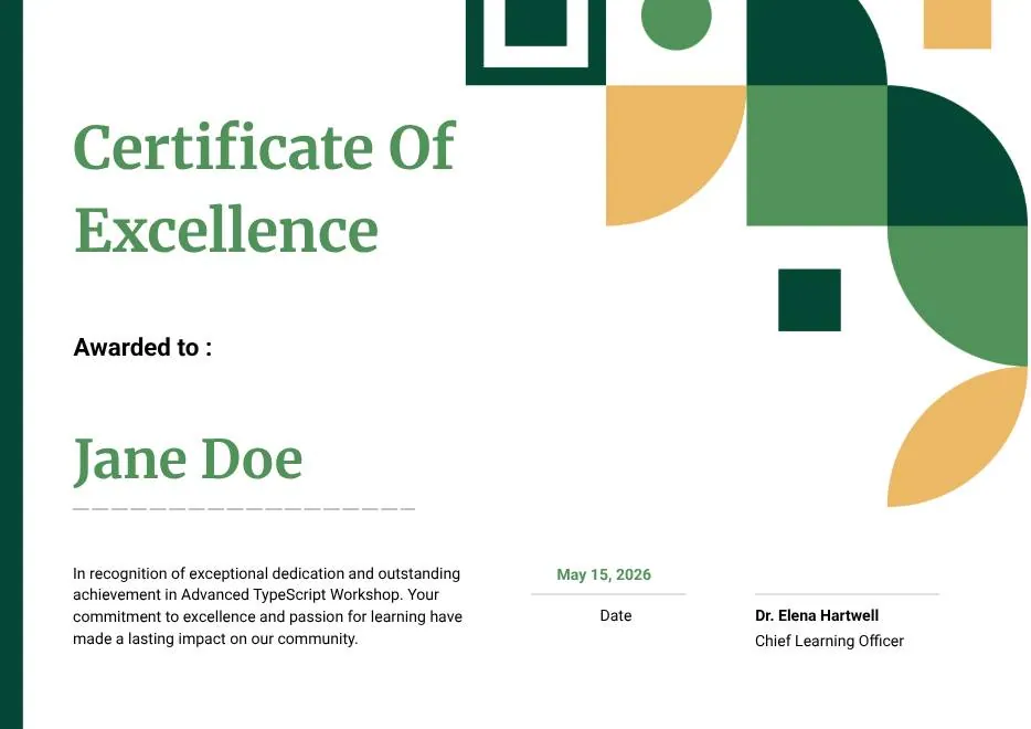 Modern White and Green Certificate of Excellence