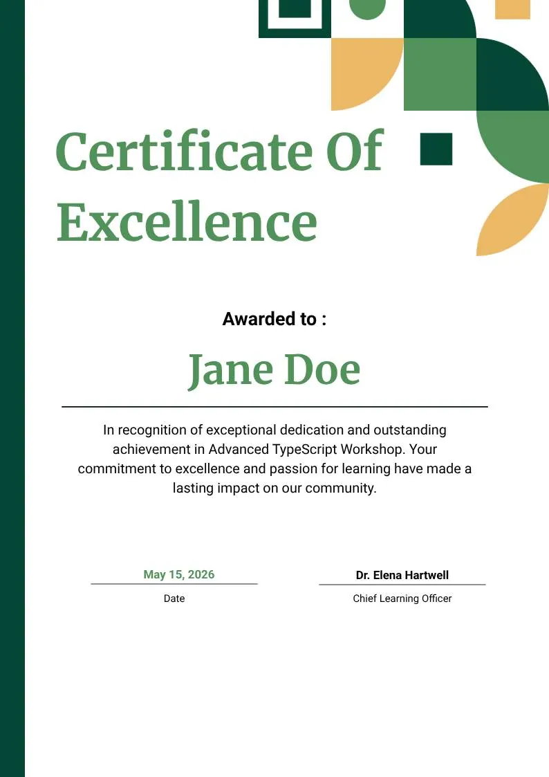 Modern White and Green Certificate of Excellence — portrait preview