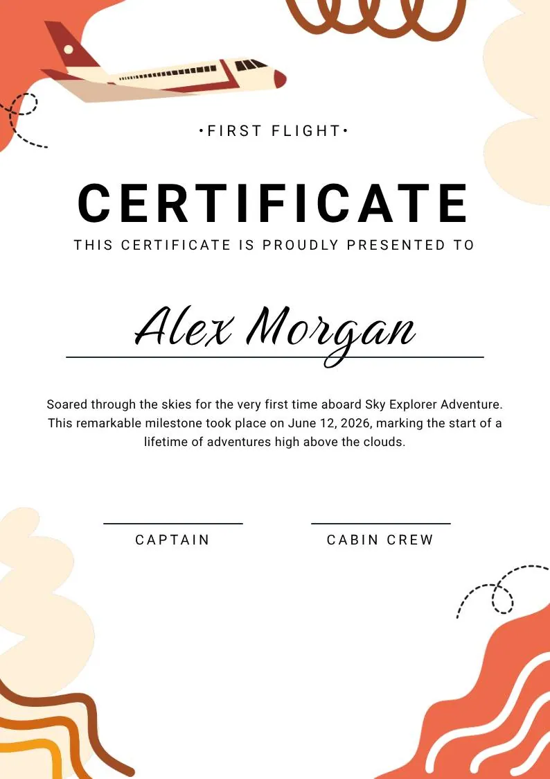 Orange and Brown Colorful Illustrated First Flight Certificate — portrait preview
