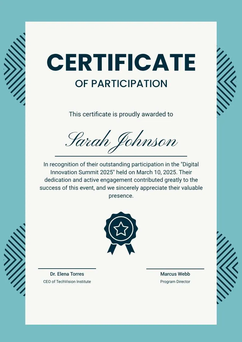 Teal Geometric Participation Certificate — portrait preview